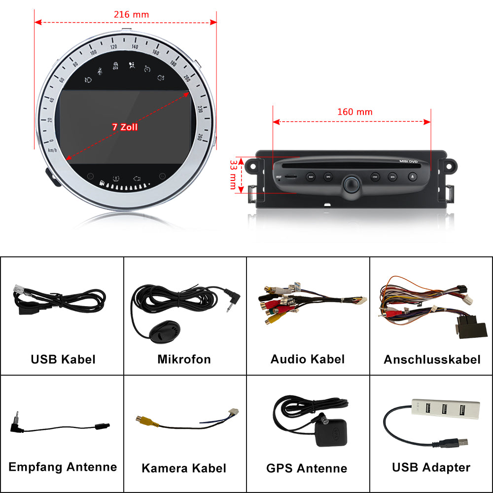 AWESAFE Android Autoradio für BMW Mini Radio mit Navi, unterstützt DAB+ WiFi WLAN CD DVD Bluetooth Carplay Mirrorlink Lenkradsteuerung AWESAFE