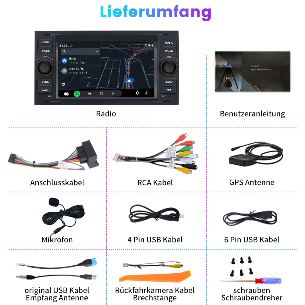 AWESAFE Android Radio für Ford Focus Mondeo S-Max C-Max Galaxy, Android 12 Radio 2GB+32GB mit Navi Carplay Android Auto Bluetooth FM RDS - Schwarz AWESAFE