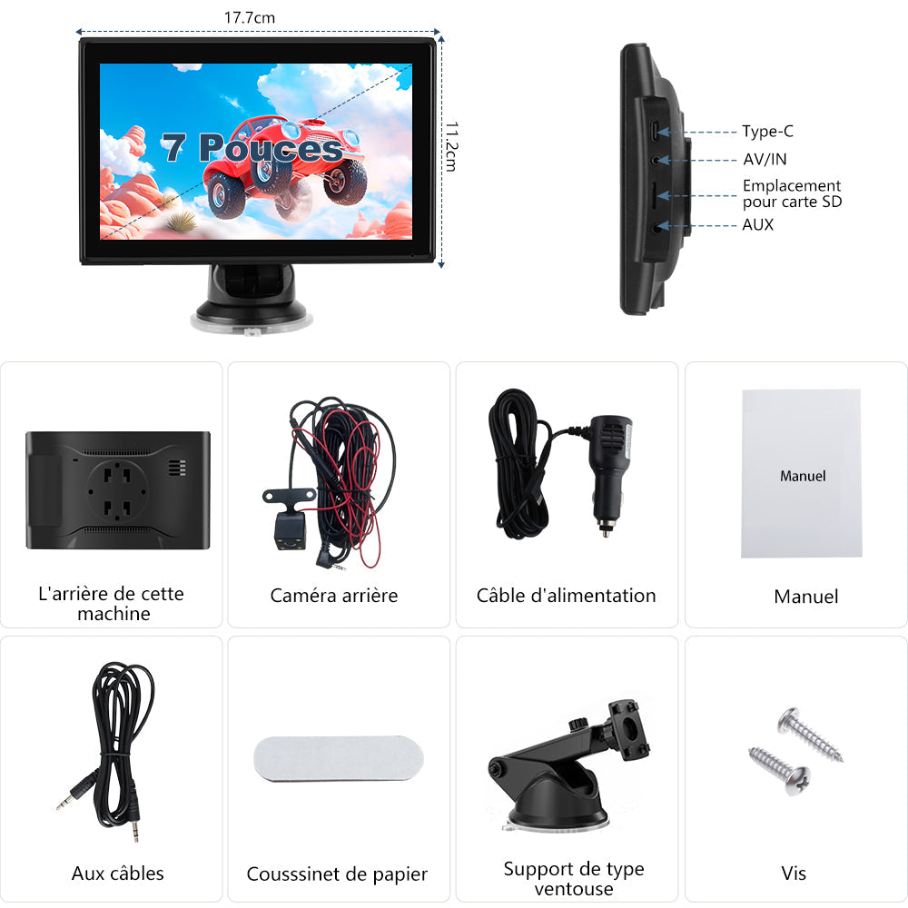 AWESAFE Autoradio Portable 7 Pouces avec Caméra de Recul - CarPlay Sans Fil & Android Auto - FM/AUX/Bluetooth 5.0 - Compatible 7-32V Voitures et Camions AWESAFE