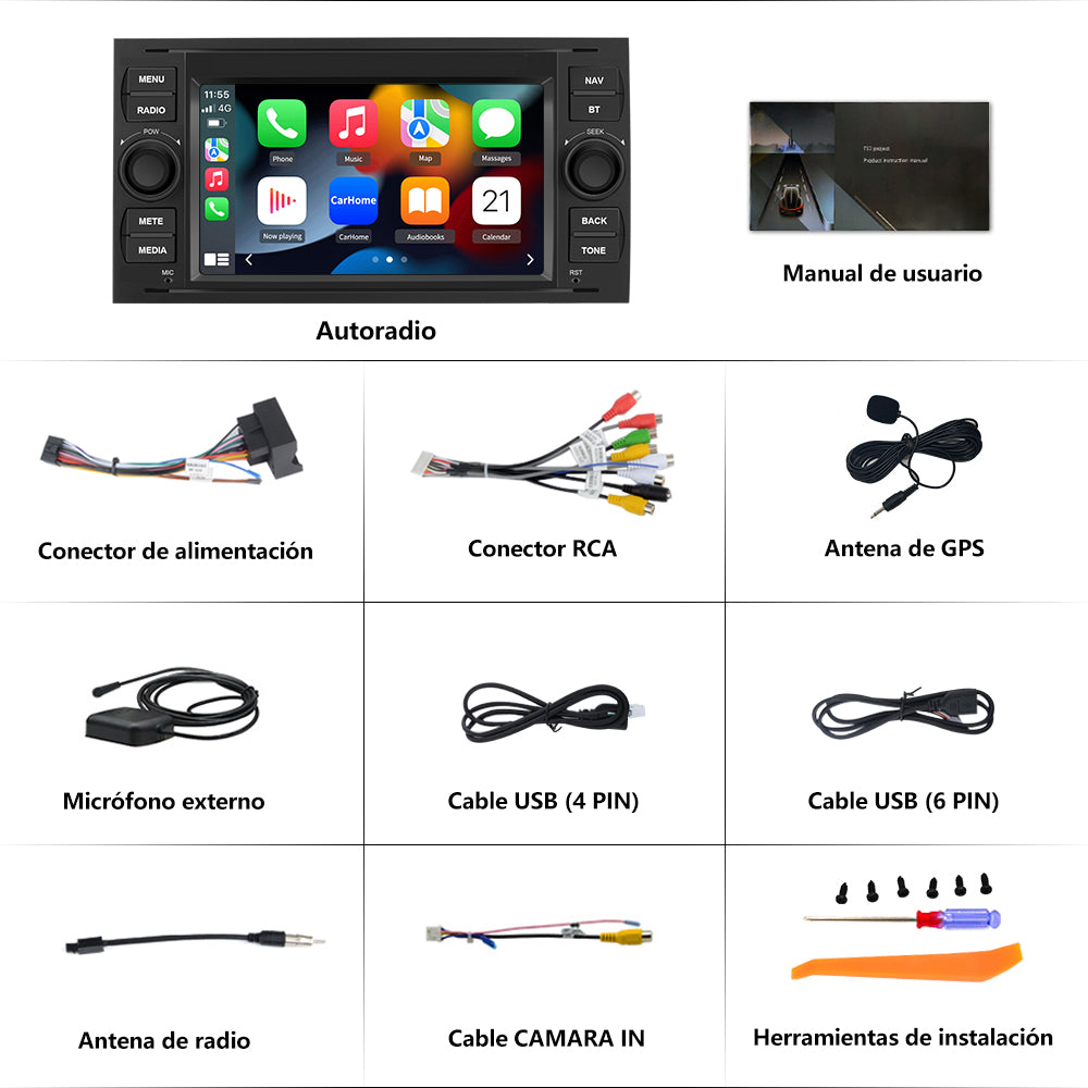 AWESAFE Android 12 [2GB+32GB] Radio Coche con Pantalla Táctil 7 Pulgadas para Ford Focus Mondeo Fiesta, Autoradio con Carplay/Android Auto/Bluetooth/GPS/FM, Apoya Mandos Volante (Negra) AWESAFE