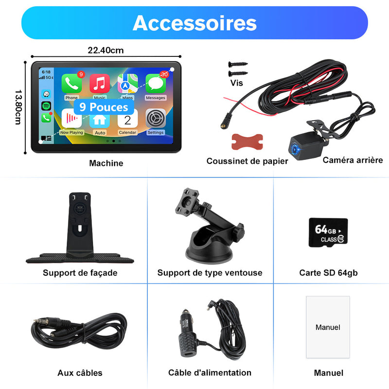 AWESAFE Écran Portable 9'' pour Sans Fil CarPlay & Android Auto, Affichage Dividida IPS Pantalla , Support Modes Portrait et Paysage,Dashcam 4K & 1080p Caméra de Recul, Bluetooth, Contrôle Vocal, Navigat, Carte SD 64GB AWESAFE