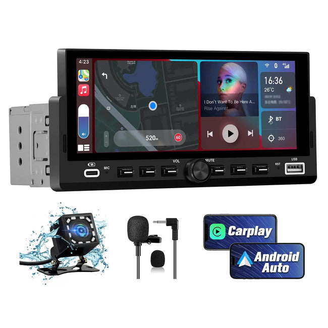 AWEASFE 1 DIN Car Radio, Universal Single Din Car Stereo with Wireless CarPlay & Android Auto, 6.86" IPS Touch Screen Head Unit with Backup Camera/External Microphone, Supports Bluetooth/SWC/FM/USB AWESAFE
