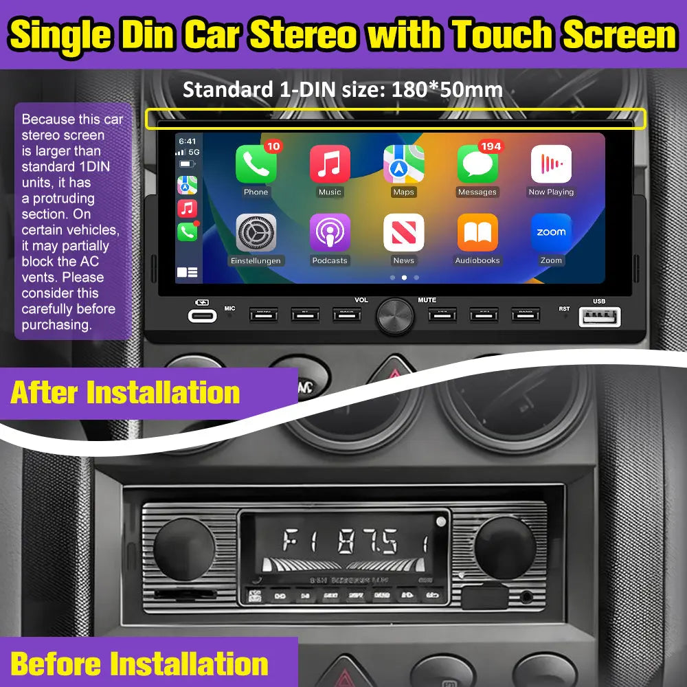 AWEASFE 1 DIN Car Radio, Universal Single Din Car Stereo with Wireless CarPlay & Android Auto, 6.86" IPS Touch Screen Head Unit with Backup Camera/External Microphone, Supports Bluetooth/SWC/FM/USB AWESAFE
