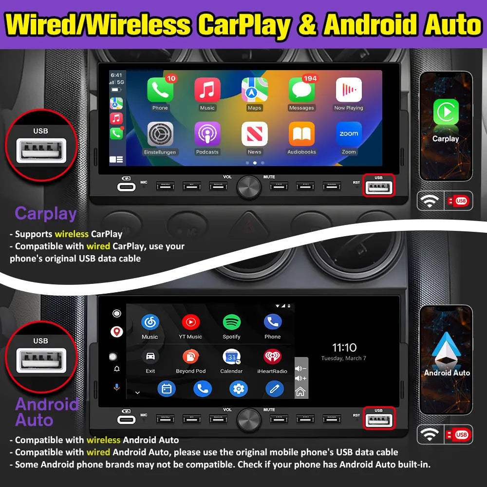 AWEASFE 1 DIN Car Radio, Universal Single Din Car Stereo with Wireless CarPlay & Android Auto, 6.86" IPS Touch Screen Head Unit with Backup Camera/External Microphone, Supports Bluetooth/SWC/FM/USB AWESAFE