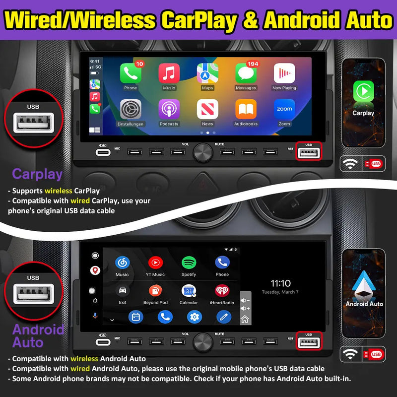 AWEASFE 1 DIN Car Radio, Universal Single Din Car Stereo with Wireless CarPlay & Android Auto, 6.86" IPS Touch Screen Head Unit with Backup Camera/External Microphone, Supports Bluetooth/SWC/FM/USB AWESAFE
