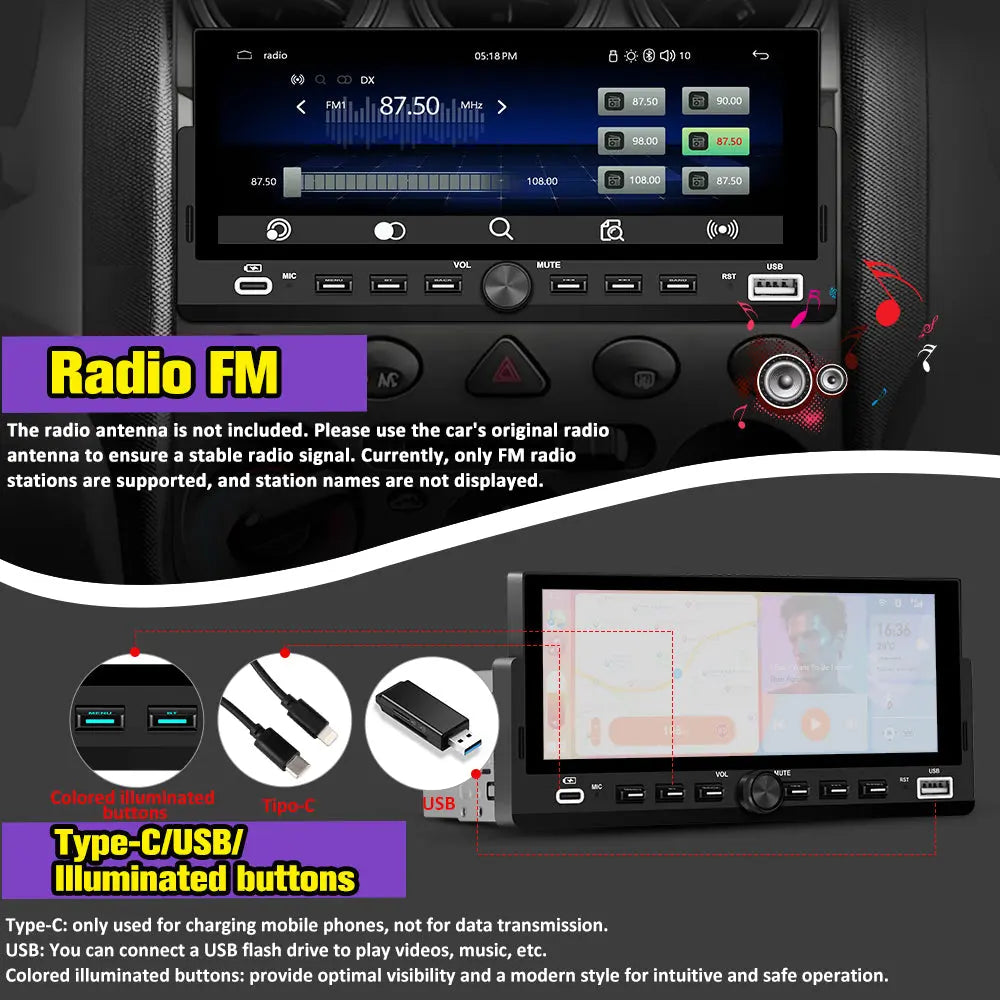 AWEASFE 1 DIN Car Radio, Universal Single Din Car Stereo with Wireless CarPlay & Android Auto, 6.86" IPS Touch Screen Head Unit with Backup Camera/External Microphone, Supports Bluetooth/SWC/FM/USB AWESAFE