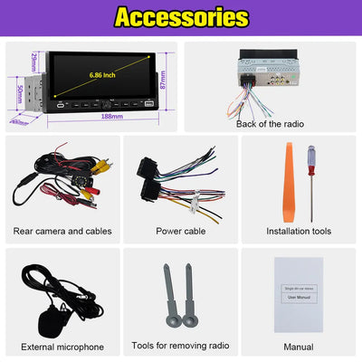 AWEASFE 1 DIN Car Radio, Universal Single Din Car Stereo with Wireless CarPlay & Android Auto, 6.86" IPS Touch Screen Head Unit with Backup Camera/External Microphone, Supports Bluetooth/SWC/FM/USB AWESAFE