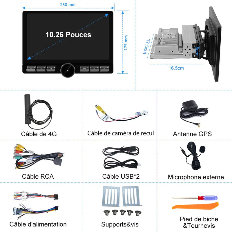 AWESAFE 1 DIN Autoradio Android 13 - Écran Tactile Orientable 10,6" 4+64GB - Bluetooth/FM/AM/WiFi/4G Universel AWESAFE