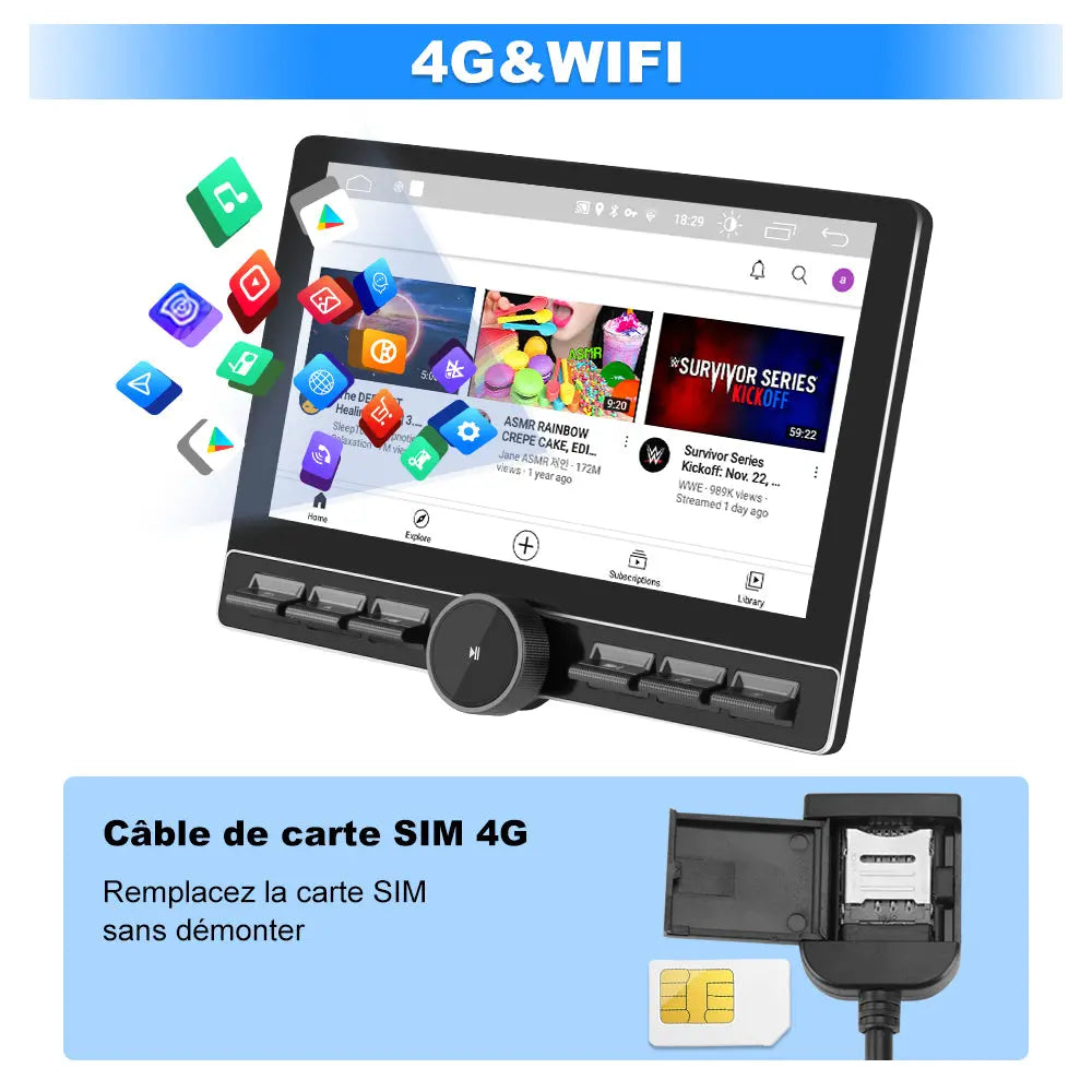 AWESAFE 1 DIN Autoradio Android 13 - Écran Tactile Orientable 10,6" 4+64GB - Bluetooth/FM/AM/WiFi/4G Universel AWESAFE