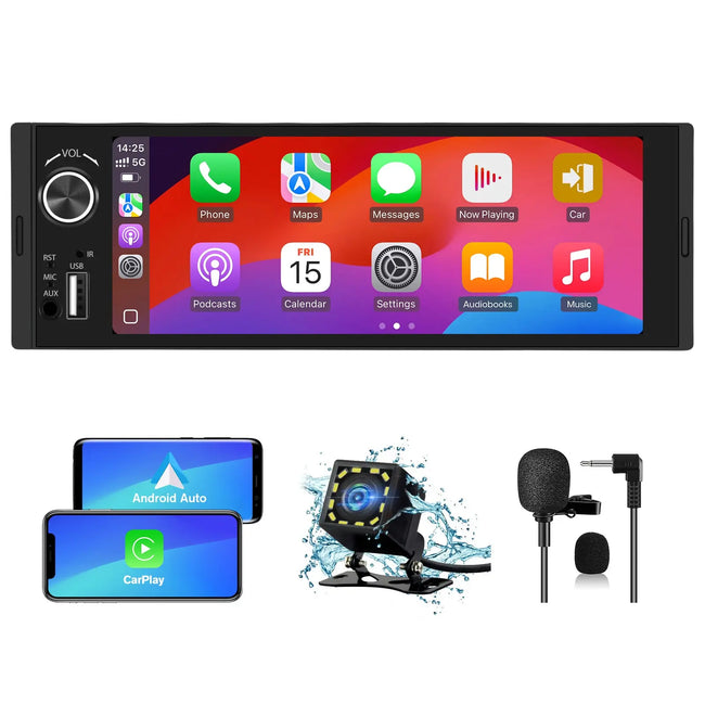 AWESAFE 1-DIN Autoradio mit 6,36 Zoll IPS-Touchscreen CarPlay Android Auto Lenkradsteuerung, Rückfahrkamera-Anschluss, USB, externes Mikrofon & RDS AWESAFE