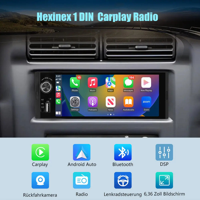AWESAFE 1-DIN Autoradio mit 6,36 Zoll IPS-Touchscreen CarPlay Android Auto Lenkradsteuerung, Rückfahrkamera-Anschluss, USB, externes Mikrofon & RDS AWESAFE