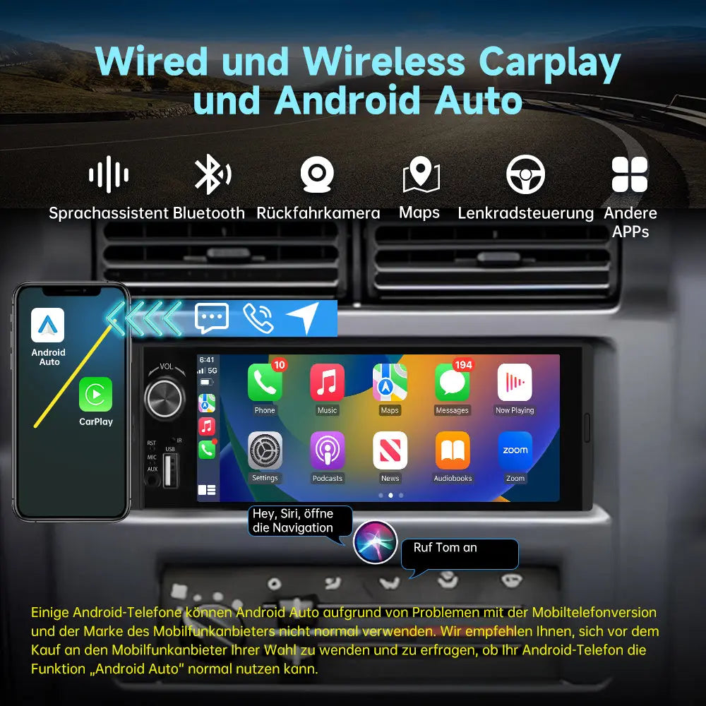 AWESAFE 1-DIN Autoradio mit 6,36 Zoll IPS-Touchscreen CarPlay Android Auto Lenkradsteuerung, Rückfahrkamera-Anschluss, USB, externes Mikrofon & RDS AWESAFE