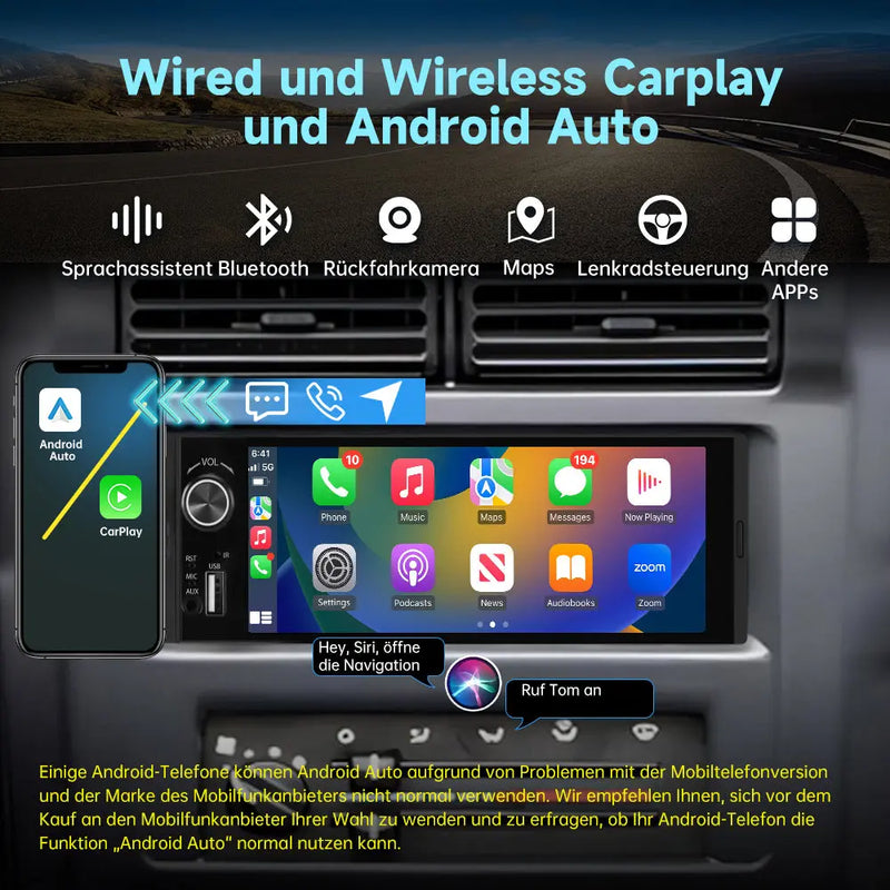 AWESAFE 1-DIN Autoradio mit 6,36 Zoll IPS-Touchscreen CarPlay Android Auto Lenkradsteuerung, Rückfahrkamera-Anschluss, USB, externes Mikrofon & RDS AWESAFE