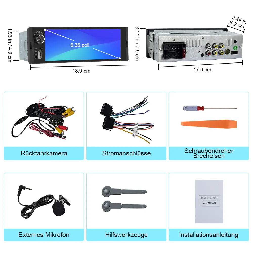 AWESAFE 1-DIN Autoradio mit 6,36 Zoll IPS-Touchscreen CarPlay Android Auto Lenkradsteuerung, Rückfahrkamera-Anschluss, USB, externes Mikrofon & RDS AWESAFE