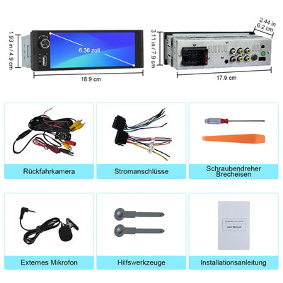AWESAFE 1-DIN Autoradio mit 6,36 Zoll IPS-Touchscreen CarPlay Android Auto Lenkradsteuerung, Rückfahrkamera-Anschluss, USB, externes Mikrofon & RDS AWESAFE