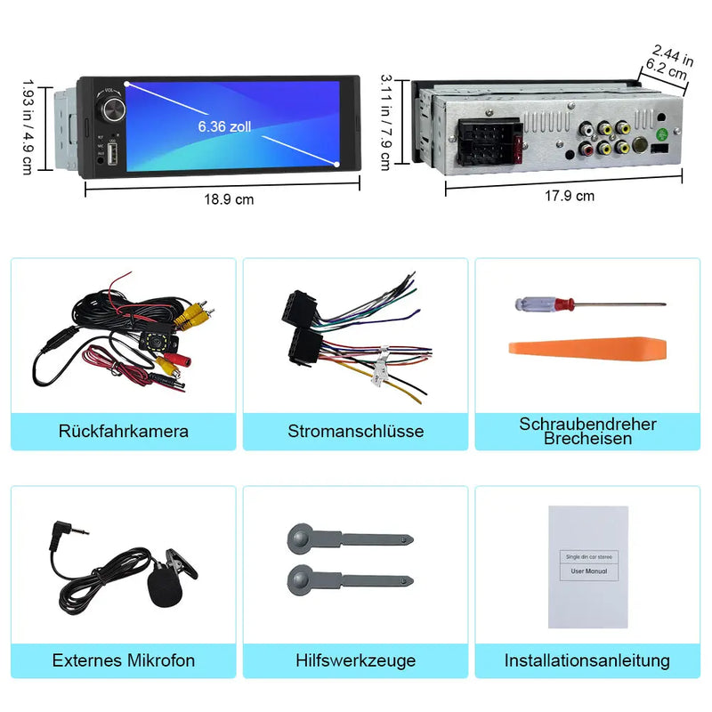 AWESAFE 1-DIN Autoradio mit 6,36 Zoll IPS-Touchscreen CarPlay Android Auto Lenkradsteuerung, Rückfahrkamera-Anschluss, USB, externes Mikrofon & RDS AWESAFE