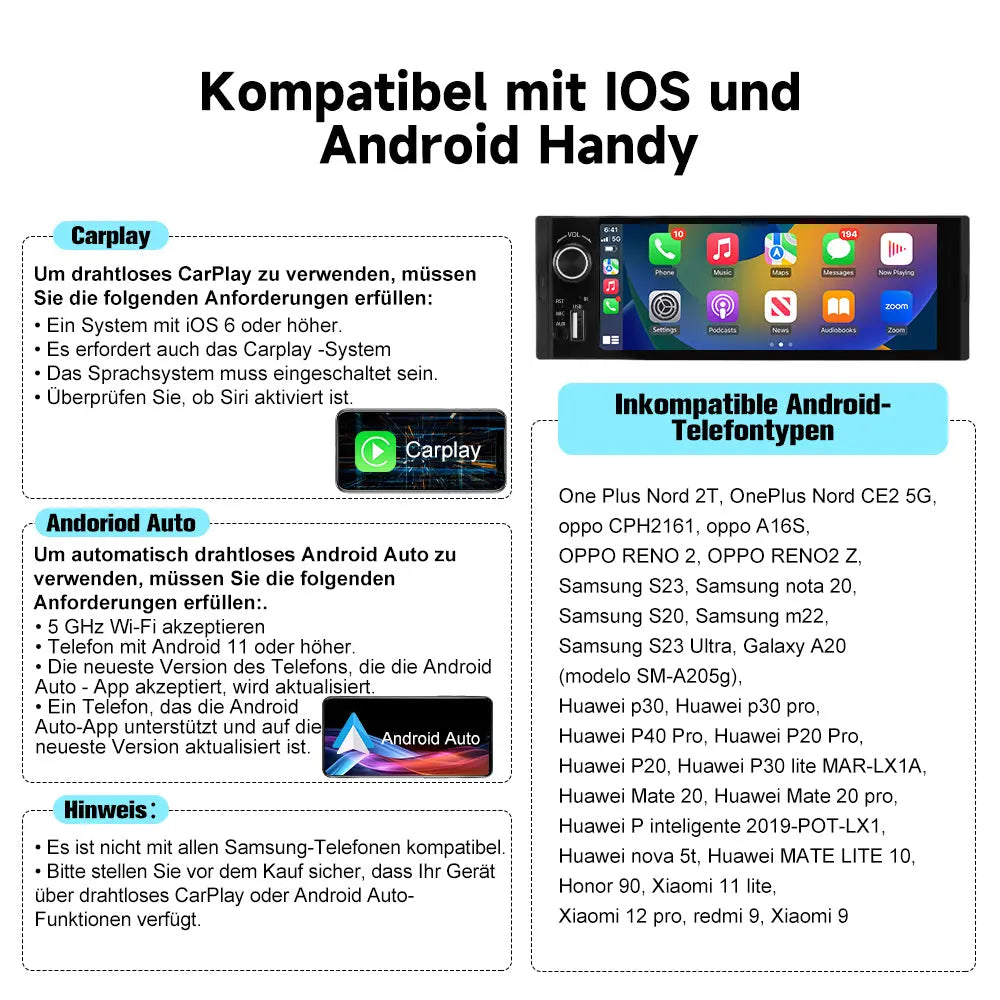AWESAFE 1-DIN Autoradio mit 6,36 Zoll IPS-Touchscreen CarPlay Android Auto Lenkradsteuerung, Rückfahrkamera-Anschluss, USB, externes Mikrofon & RDS AWESAFE