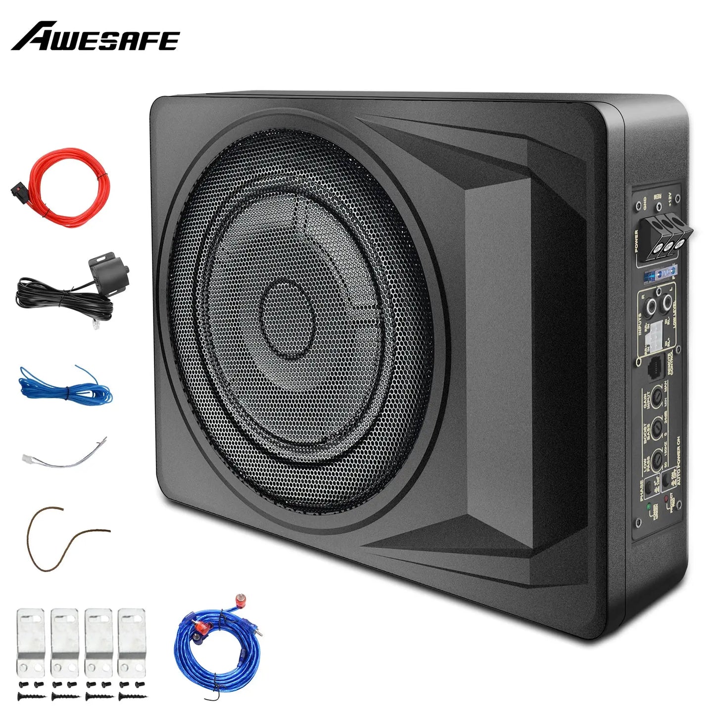 AWESAFE 10 inch Slim Under Seat Car Subwoofer with Built-in Amplifier - 1200 Watts Max,High/Low Level Inputs, Remote Control, Enhanced Bass for Car/Truck AWESAFE SHOP