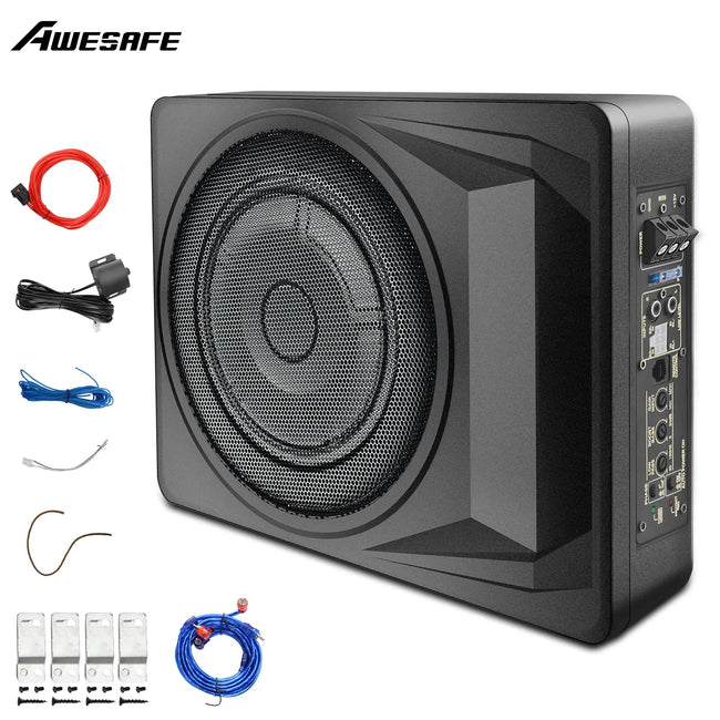 AWESAFE 10 inch Slim Under Seat Car Subwoofer with Built-in Amplifier - 1200 Watts Max,High/Low Level Inputs, Remote Control, Enhanced Bass for Car/Truck AWESAFE SHOP