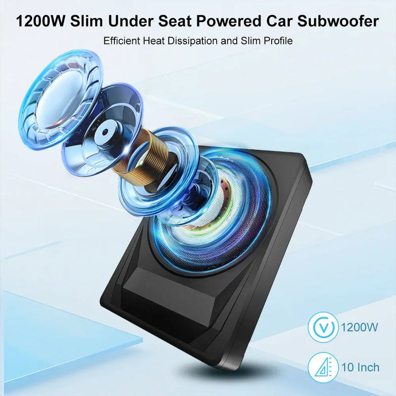 AWESAFE 10 inch Slim Under Seat Car Subwoofer with Built-in Amplifier - 1200 Watts Max,High/Low Level Inputs, Remote Control, Enhanced Bass for Car/Truck AWESAFE SHOP