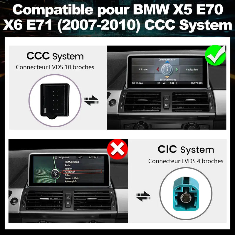 AWESAFE 10.25" Android Autoradio pour BMW X5 E70 & X6 E71 CCC (2007-2010) - Bluetooth, Android Auto & Carplay sans fil + Câble USB AWESAFE