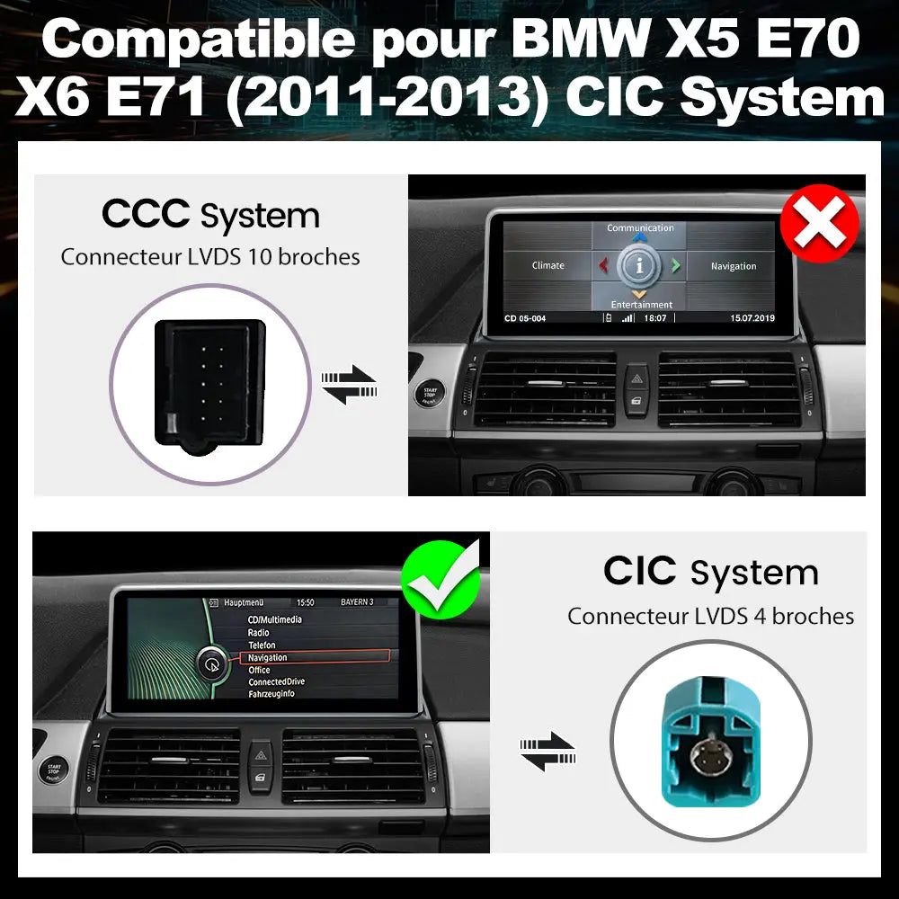 AWESAFE 10.25" Android Autoradio pour BMW X5 E70 & X6 E71 CIC (2011-2013) - Bluetooth, Android Auto & Carplay sans fil + Câble USB AWESAFE