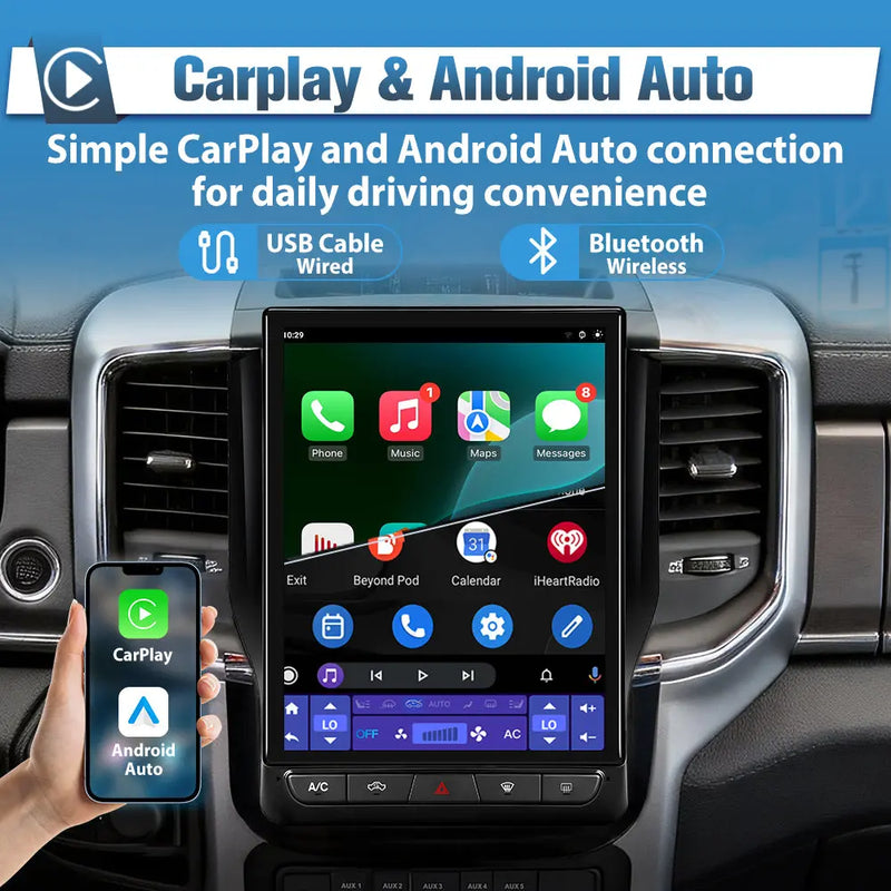 AWESAFE 12.1 Inch Car Radio Upgrade for Dodge RAM 1500/2500/3500 2019-2023,Touch Screen, Android System, 8 Core+64GB ROM, Split Screen, CarPlay & Android Auto, SWC, DSP, Bluetooth/4G/WiFi AWESAFE