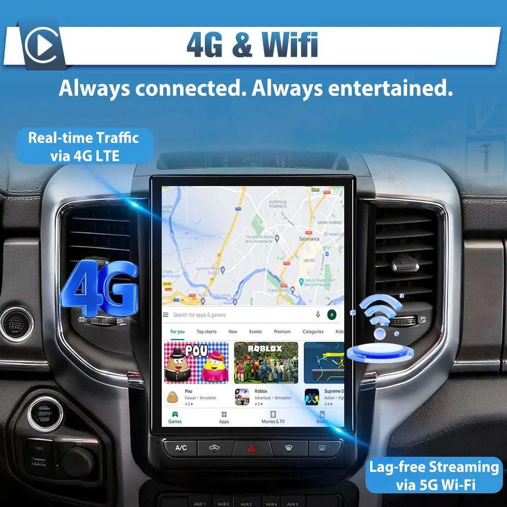 AWESAFE 12.1 Inch Car Radio Upgrade for Dodge RAM 1500/2500/3500 2019-2023,Touch Screen, Android System, 8 Core+64GB ROM, Split Screen, CarPlay & Android Auto, SWC, DSP, Bluetooth/4G/WiFi AWESAFE