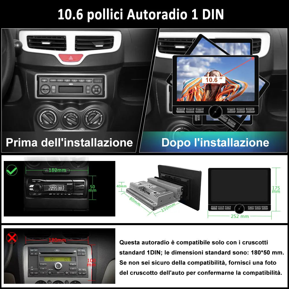 AWESAFE 1DIN Autoradio Android 13 con Schermo Touchscreen Orientabile da 10,6 Pollici - 4+64GB - Bluetooth, FM, AM, WiFi, 4G AWESAFE SHOP