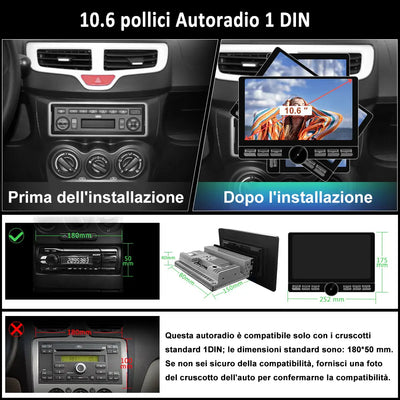 AWESAFE 1DIN Autoradio Android 13 con Schermo Touchscreen Orientabile da 10,6 Pollici - 4+64GB - Bluetooth, FM, AM, WiFi, 4G AWESAFE SHOP