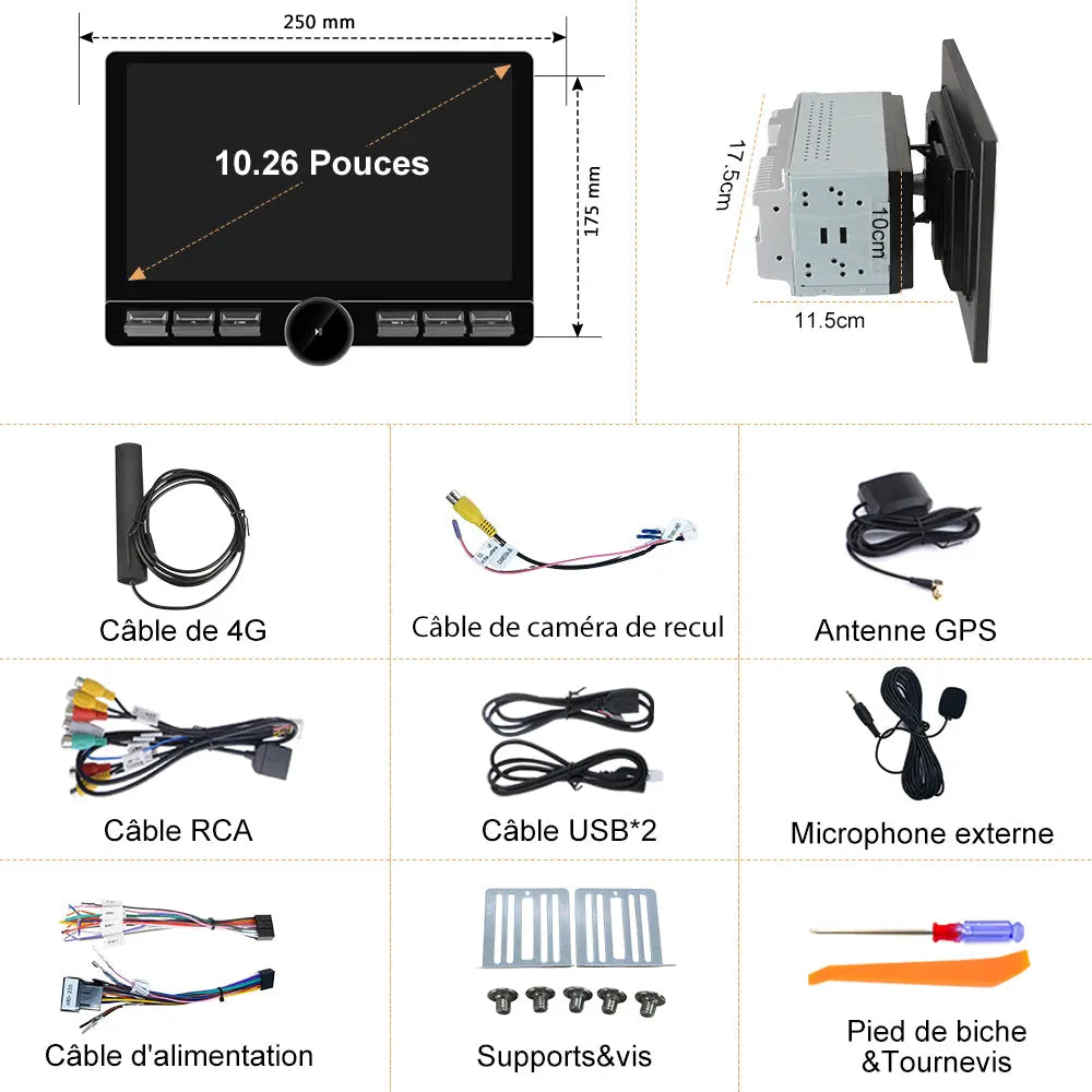 AWESAFE 2 DIN Autoradio Android 13 - Écran Tactile Orientable 10,6" 4+64GB - Bluetooth/FM/AM/WiFi/4G Universel AWESAFE