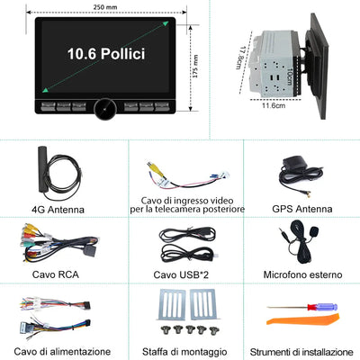 AWESAFE 2 DIN Autoradio Android 13 con Schermo Touchscreen Orientabile da 10,6 Pollici - 4+64GB - Bluetooth, FM, AM, WiFi, 4G AWESAFE