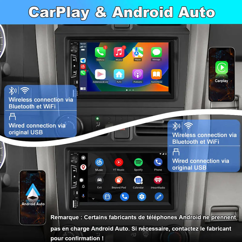 AWESAFE 2 DlN Universel avec 7 pouces Ecran Tactile Autoradio CarPlay sans fil, Android Auto sans fil AWESAFE
