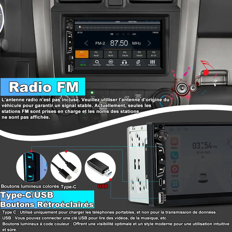 AWESAFE 2 DlN Universel avec 7 pouces Ecran Tactile Autoradio CarPlay sans fil, Android Auto sans fil AWESAFE