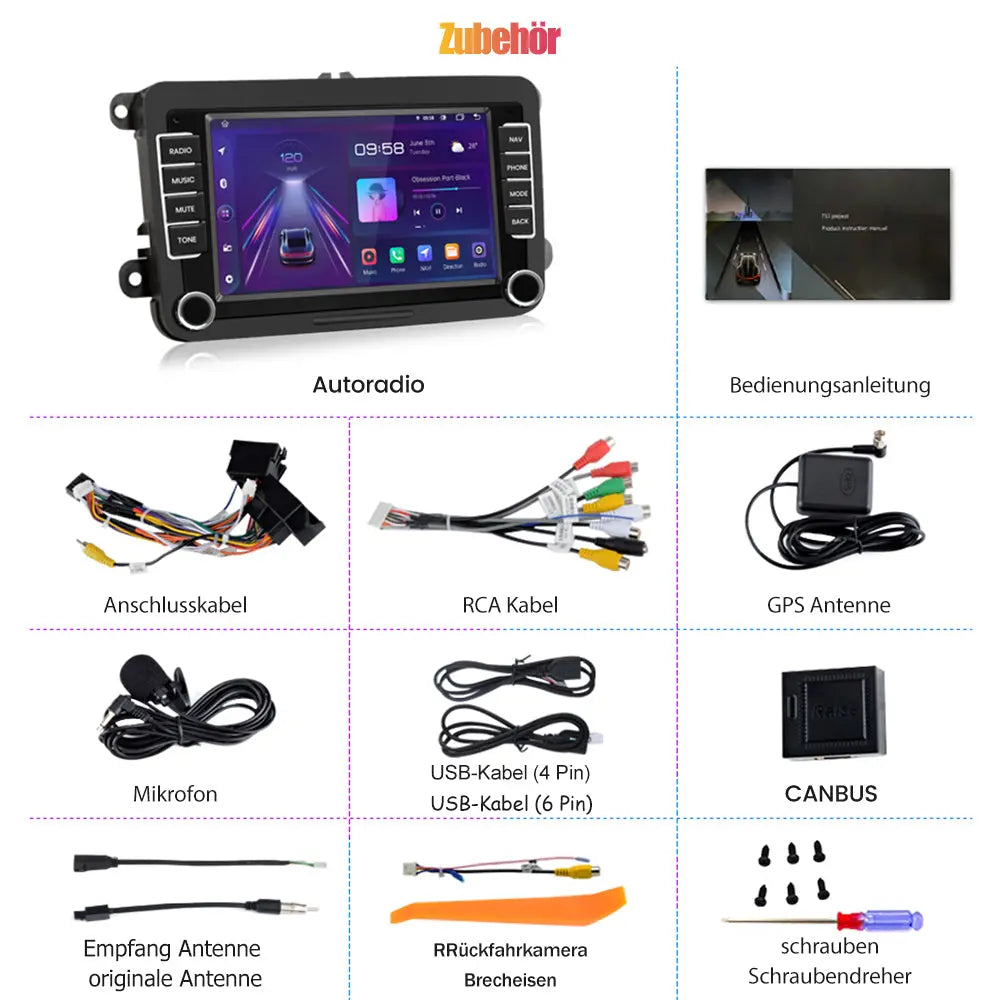 AWESAFE 2DIN 7 Zoll Touchscreen Autoradio für VW Polo Caddy, Seat, Skoda,Golf,mit Navigation, unterstützt Bluetooth, Carplay, Mirrorlink, WLAN, USB,FM, 2G+32G AWESAFE