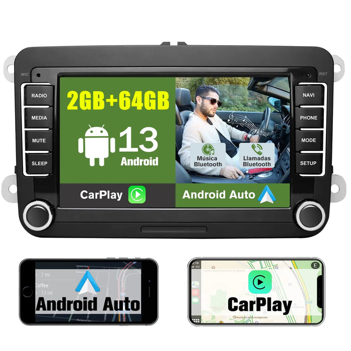 AWESAFE 2GB+64GB Radio Android 12.0 para Coche con Pantalla Bluetooth 2 DIN para VW, Autoradio 7'' con CarPlay/Android Auto para VW, Admite WiFi/GPS/RDS/USB/FM/Mandos del Volante y Cámara Trasera AWESAFE