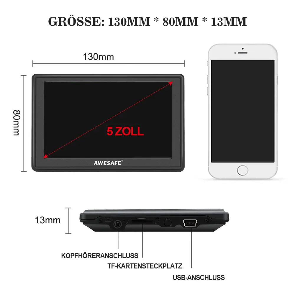 AWESAFE 5 Zoll GPS Navigationsgerät für Auto mit Bluetooth Sprachführung inkl Montagehalterung 2025 Europa Karte Jährliche Kostenlose Updates AWESAFE