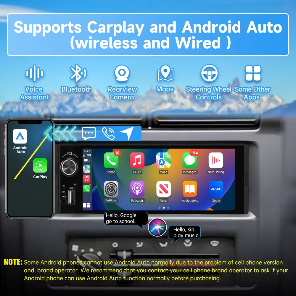 Single Din Autoradio Mit Kabellosem CarPlay & Android Auto – 6,8 Zoll Touchscreen, Rückfahrkamera, Bluetooth 5.2, Lenkradsteuerung