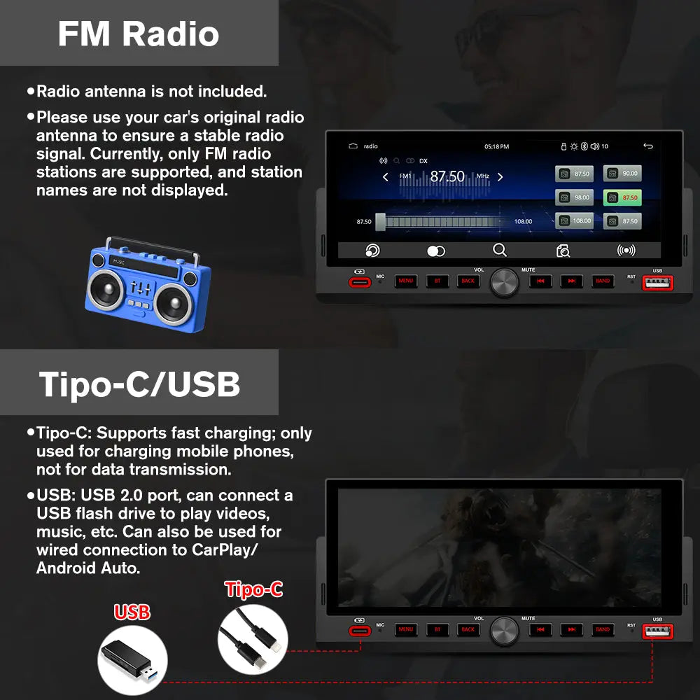 AWESAFE 6.86'' 1 DIN Carplay & Android Auto TouchScreen Car Radio,with GPS FM Steeling Wheel Control Bluetooth Rear Camera Microphone AWESAFE SHOP