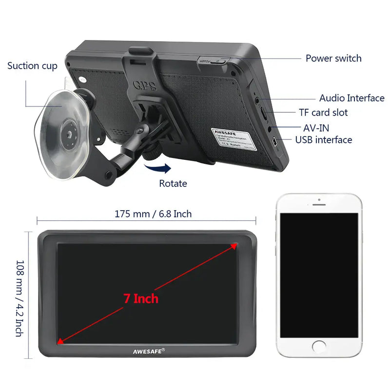 AWESAFE 7-Inch GPS Navigator with Sun Visor, Bluetooth, and Lifetime Map Updates for Europe AWESAFE