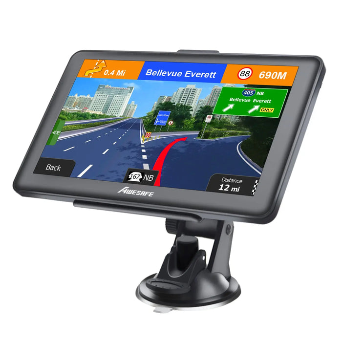 AWESAFE 7 Inch GPS Sat Nav with FM Transmitter for Cars HGV Motorhome 2025 UK Europe Maps Postcode Navigation Speed Camera Alerts POI Lane Assist AWESAFE