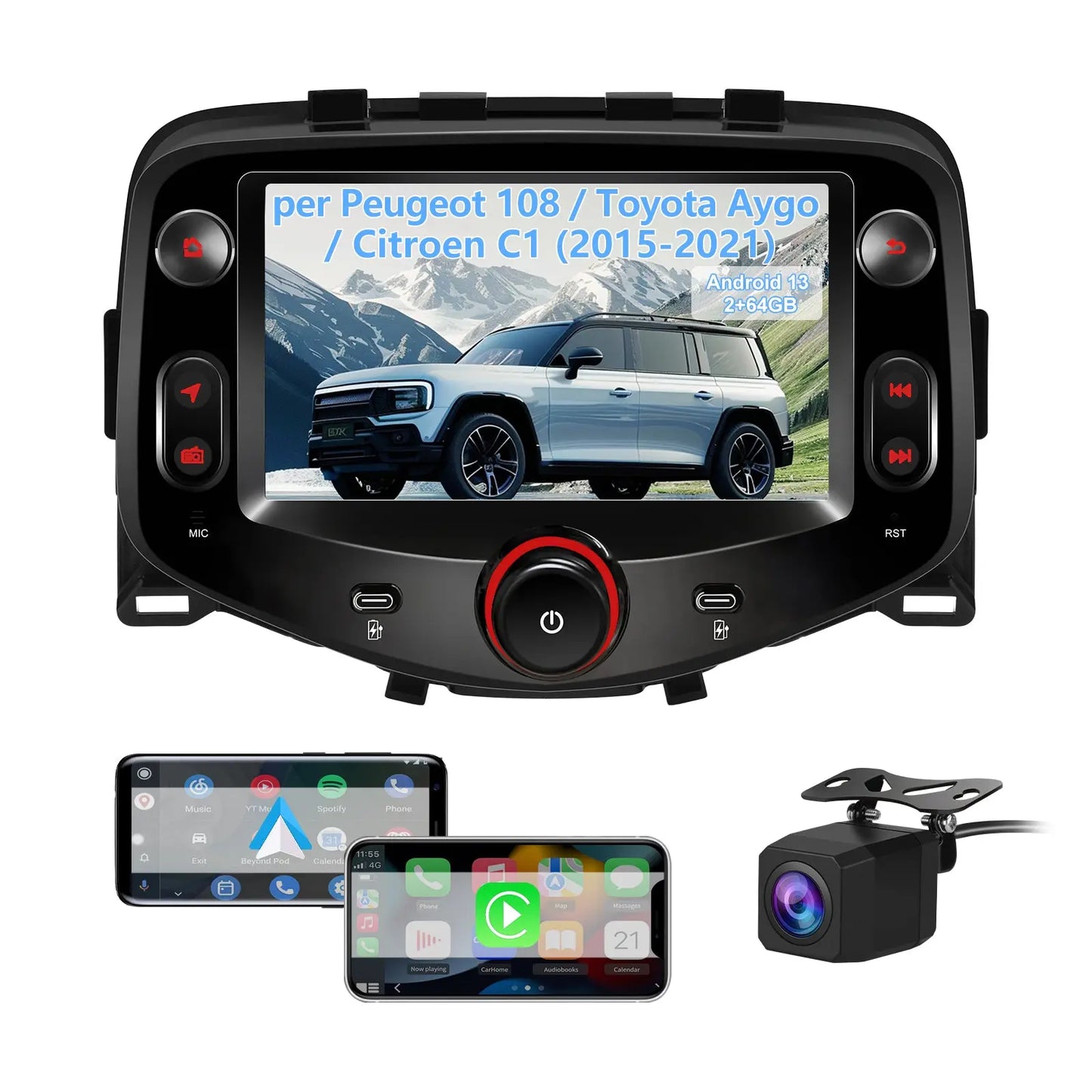 AWESAFE 7 Pollici Autoradio per Toyota Aygo, Peugeot 108, Citroen C1 (2015-2021) con Wireless CarPlay Android Auto Bluetooth GPS Comandi al volante FM RDS Telecamera posteriore-2GB+64GB AWESAFE