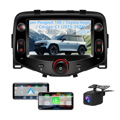 AWESAFE 7 Pollici Autoradio per Toyota Aygo, Peugeot 108, Citroen C1 (2015-2021) con Wireless CarPlay Android Auto Bluetooth GPS Comandi al volante FM RDS Telecamera posteriore-2GB+64GB AWESAFE