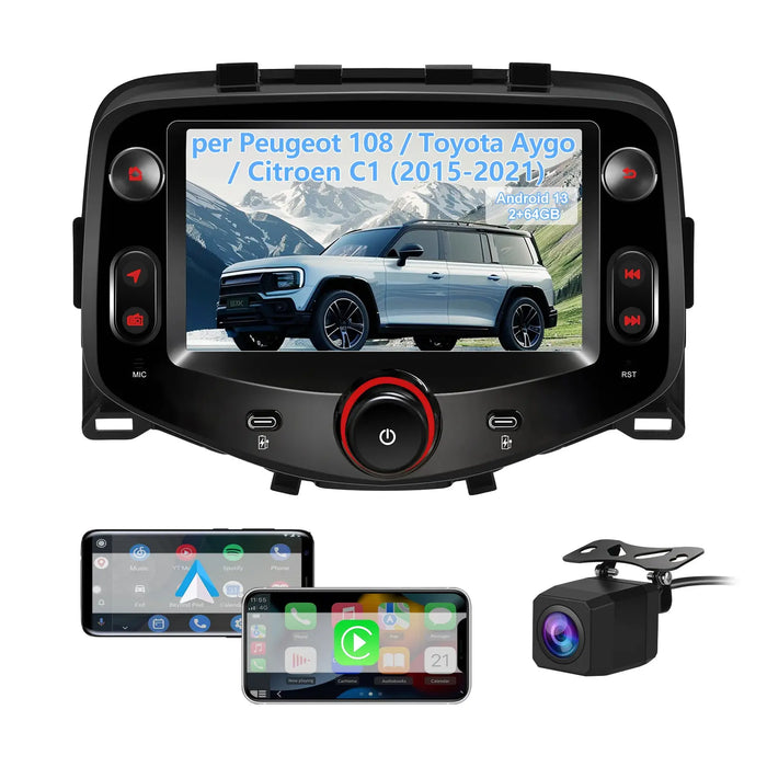 AWESAFE 7 Pollici Autoradio per Toyota Aygo, Peugeot 108, Citroen C1 (2015-2021) con Wireless CarPlay Android Auto Bluetooth GPS Comandi al volante FM RDS Telecamera posteriore-2GB+64GB AWESAFE