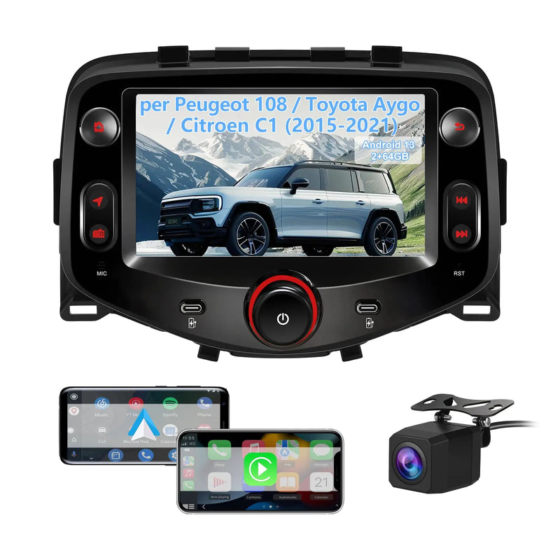 AWESAFE 7 Pollici Autoradio per Toyota Aygo, Peugeot 108, Citroen C1 (2015-2021) con Wireless CarPlay Android Auto Bluetooth GPS Comandi al volante FM RDS Telecamera posteriore-2GB+64GB AWESAFE