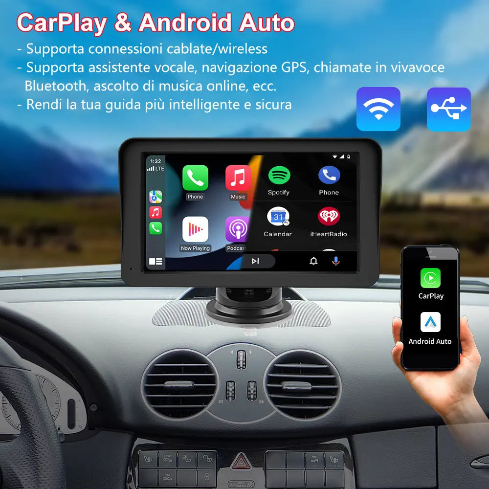 AWESAFE 7 Pollici Portatile CcarPlay Auto Supporta Cablato/Wireless CarPlay-Connessione con telecamera di retromarcia, Mirror Link, Bluetooth 5.0 /FM/AUXPer 12-24V Auto AWESAFE