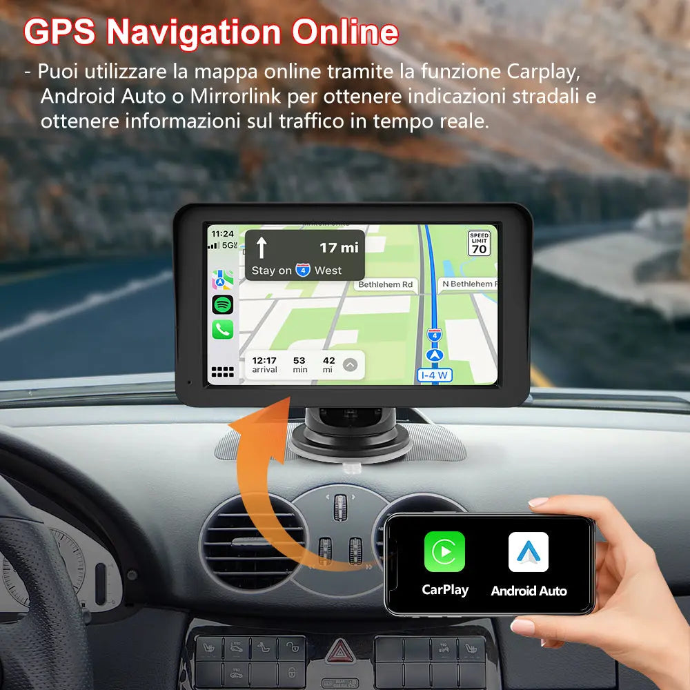 AWESAFE 7 Pollici Portatile CcarPlay Auto Supporta Cablato/Wireless CarPlay-Connessione con telecamera di retromarcia, Mirror Link, Bluetooth 5.0 /FM/AUXPer 12-24V Auto AWESAFE