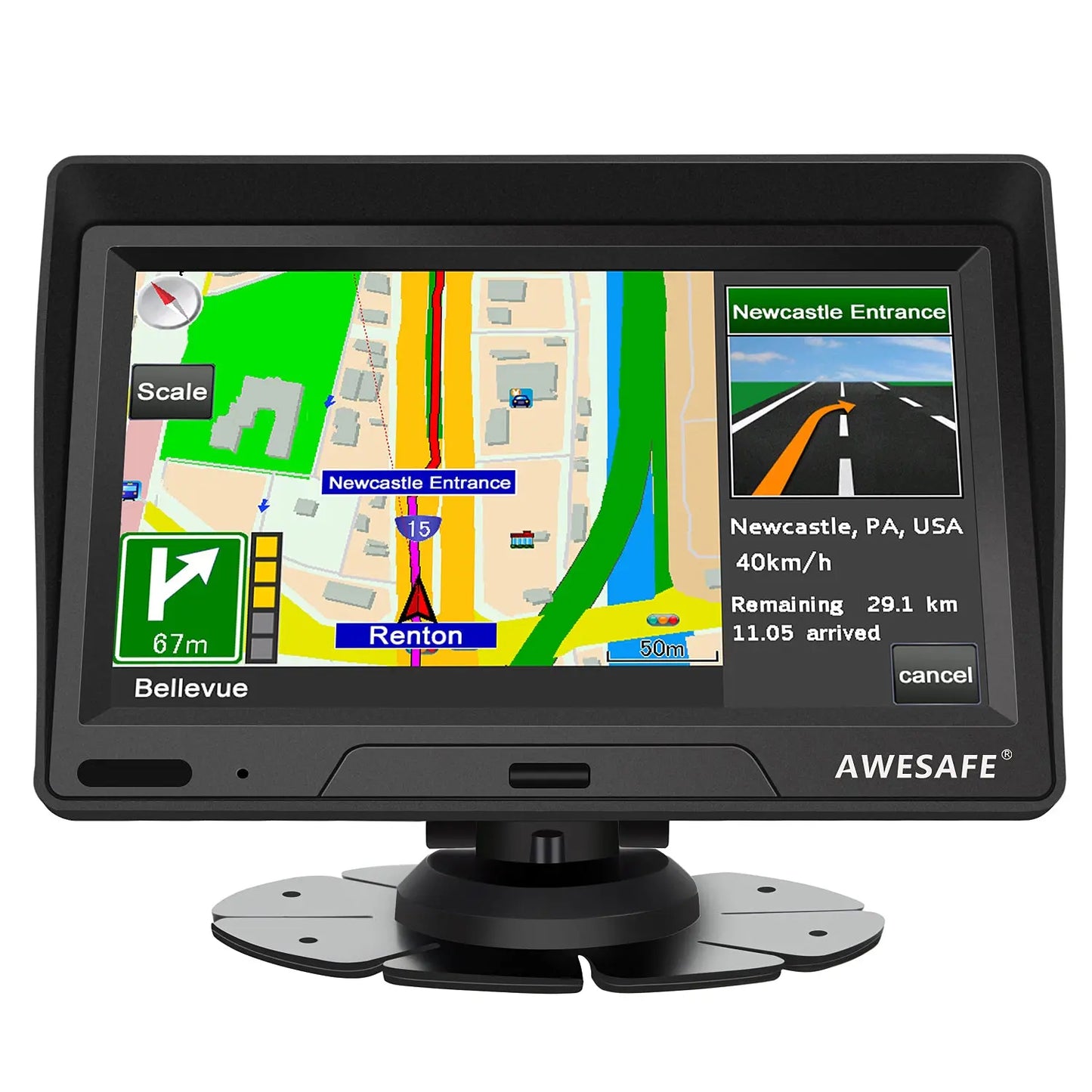 AWESAFE 7-Zoll-Navigationsgerät für das Auto – Touchscreen, FM-Transmitter, Sonnenblende, aktuelles Kartenmaterial für 2025 AWESAFE