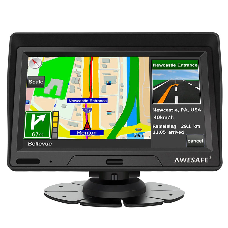 AWESAFE 7-Zoll-Navigationsgerät für das Auto – Touchscreen, FM-Transmitter, Sonnenblende, aktuelles Kartenmaterial für 2025 AWESAFE
