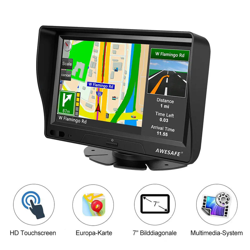 AWESAFE 7-Zoll-Navigationsgerät für das Auto – Touchscreen, FM-Transmitter, Sonnenblende, aktuelles Kartenmaterial für 2025 AWESAFE